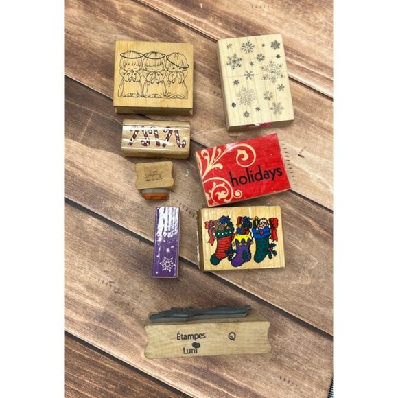 Lot of 8 mostly unbranded Holiday WOOD MOUNTED RUBBER STAMPS - Picture 2 of 4